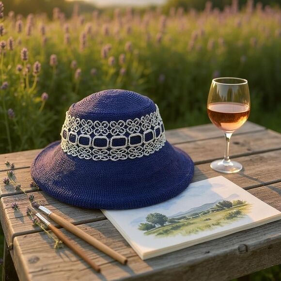 Vintage Union Made Blue & White Floral Lace Hat - Picture 1 of 9